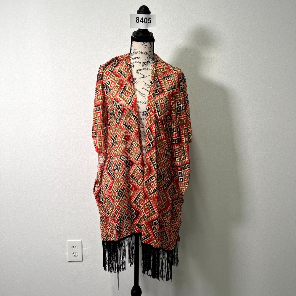 Janice Lace‎ Kimono Womens One Size Multicolor Geometric Fringe Hem Bohemian